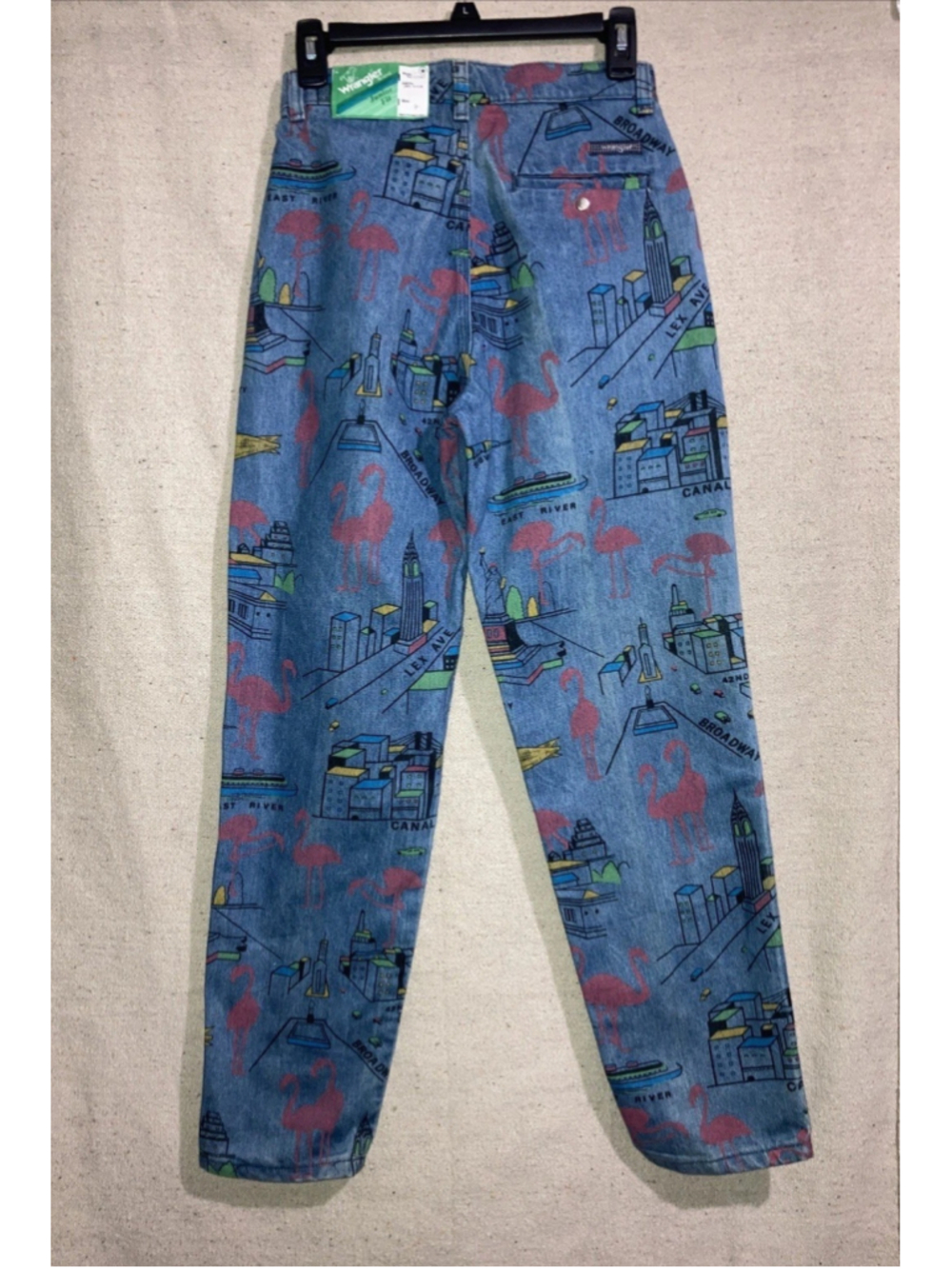 Vintage Wrangler Pink Flamingo Denim Blue Jeans New York All Over Print Womens 9 - Picture 5 of 16
